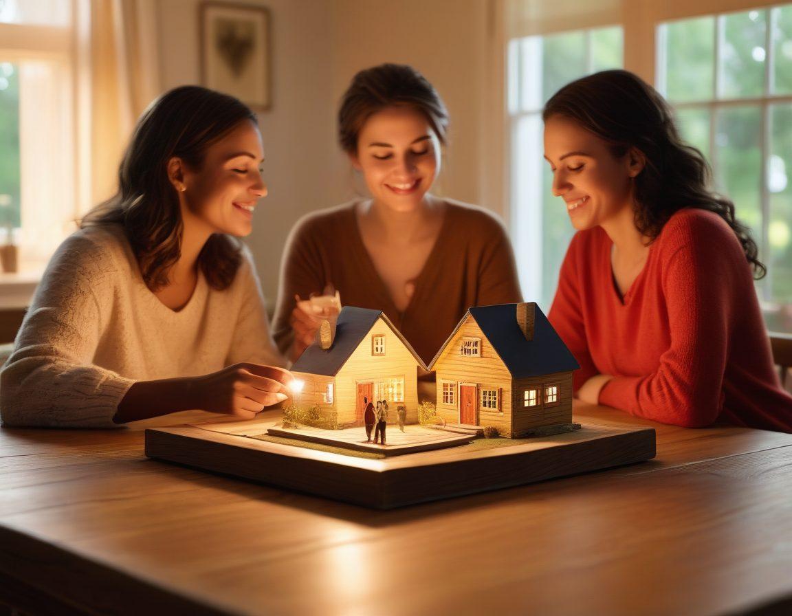 A warm, inviting scene featuring a diverse group of people sitting around a table, sharing stories and emotions about their experiences with insurance policies. Each person is holding symbolic items that represent their personal journeys, such as a home, family photos, or documents. The background is filled with soft, glowing light and a heart symbol subtly integrated, representing the bond created through insurance. Emphasize emotional expressions and engaging interactions. super-realistic. vibrant colors. warm tones.