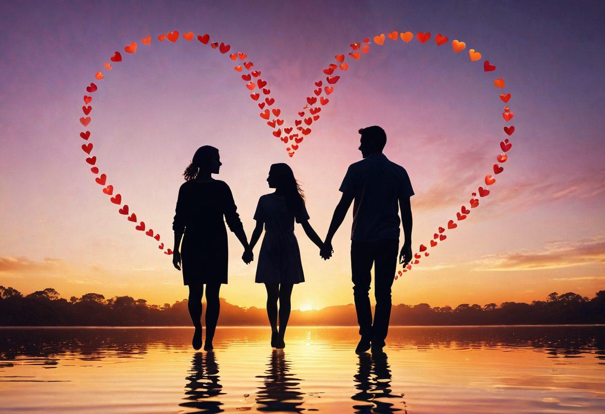 A warm and cozy scene depicting a couple holding hands surrounded by heart-shaped icons representing different forms of insurance like health, home, and life insurance. Soft, glowing hearts float around them symbolizing compassion and support in their relationship. A gentle sunset in the background, illuminating their faces with a golden hue. The atmosphere feels intimate and caring, emphasizing the theme of love and protection. vibrant colors. super-realistic.