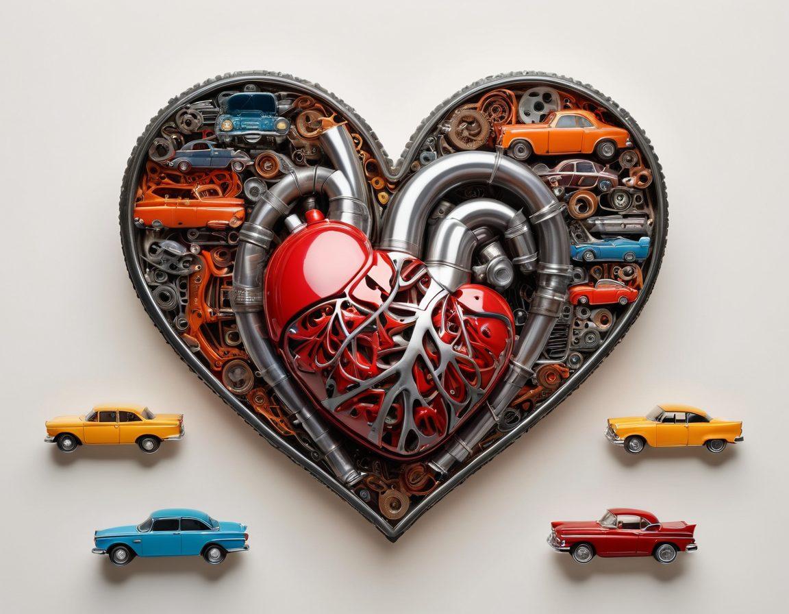 A heart made of intertwining car parts and life elements, symbolizing the connection between auto insurance and personal relationships. The background features couples happily interacting near vintage cars, with a soft glow illuminating the scene, representing love and security. Emphasize vibrant colors that evoke warmth and trust. Include decorative elements like gears and wedding rings to further enhance the theme. super-realistic. vibrant colors. white background.